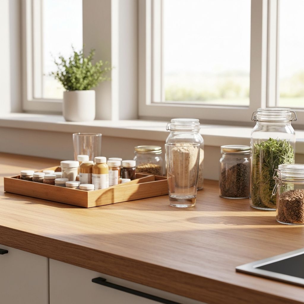 Helles österreichisches Küchencounter mit Supplement-Organizer, Gläsern und Wasser bei Tageslicht